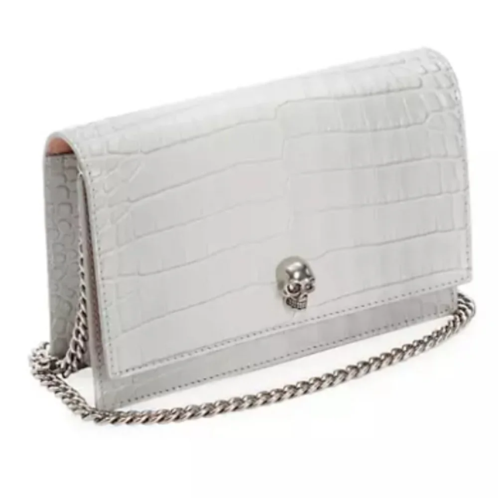 Alexander McQueen Skull Croc-Embossed Leather Chain Crossbody Light Gray - Picture 2 of 12